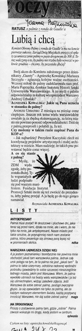 Agnieszka Kowalska, Lubią i chcą; Listy, „Gazeta Wyborcza“, 24.10.2003. 