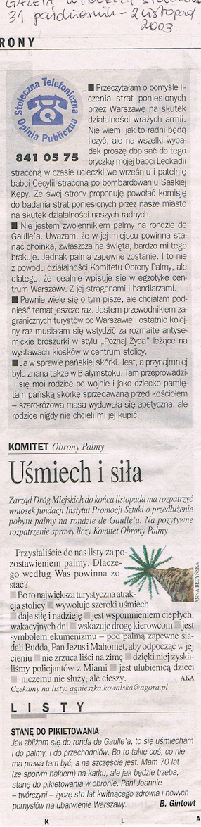 Uśmiech i siła; Listy, „Gazeta Wyborcza“, 31.10-02.22.2003. 