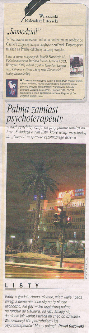 Palma zamiast psychoterapeuty; Listy, „Gazeta Wyborcza“, 02.01.2004. 