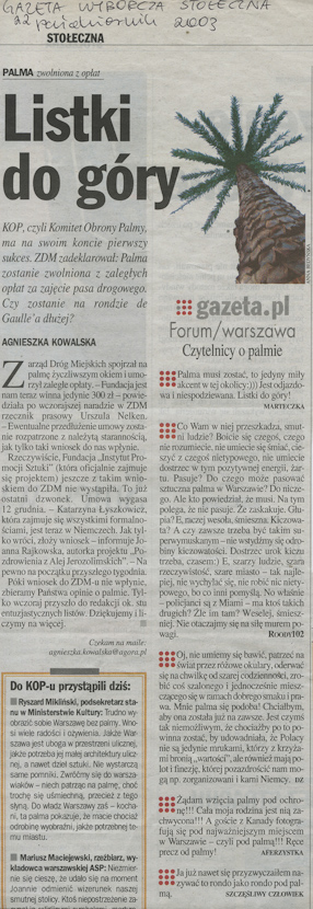 Agnieszka Kowalska, Listki do góry, „Gazeta Wyborcza“, 22.10.2003. 