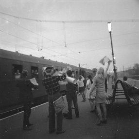 Happening at Cracow railway station, 1969 
