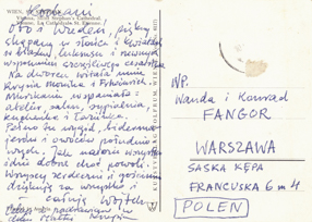 Kartka pocztowa od Wojciecha Fangora do Wandy i Konrada Fangora 