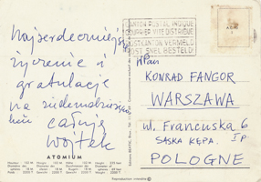 Kartka pocztowa od Wojciecha Fangora do Konrada Fangora 