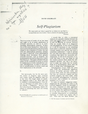Artykuł Davida Goldblatta Self-Plagiarism opublikowany w The Journal of Aesthetics and Art Criticism, 1984 