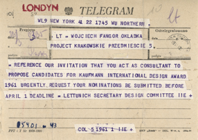 Telegram od Edgara Kaufmanna do Wojciecha Fangora 