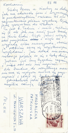 Kartka pocztowa od Wojciecha Fangora do Magdaleny Fangor 