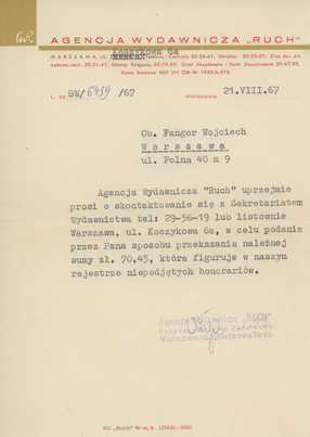 List Agencji Wydawniczej Ruch do Wojciecha Fangora 