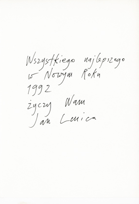 Kartka pocztowa z życzeniami noworocznymi od Jana Lenicy dla Wojciecha Fangora 