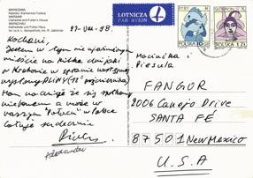 Kartka pocztowa od Piotra Stanisławskiego dla Wojciecha Fangora 