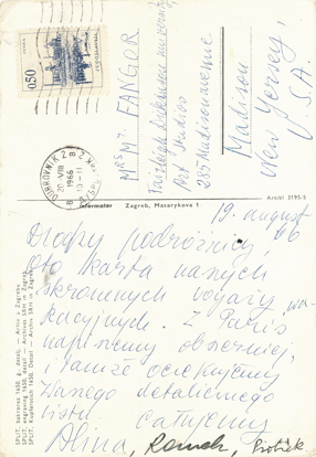 Kartka pocztowa od Aliny Szapocznikow, Romana Cieślewicza i Piotra Stanisławskiego dla Wojciecha i Magdaleny Fangor 