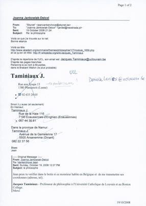 List Joanny Jankowiak-Delcol do Jean Vankerchove dotyczący poszukiwania danych kontaktowych do Jacquesa Taminiaux dla Wojciecha Fangora 