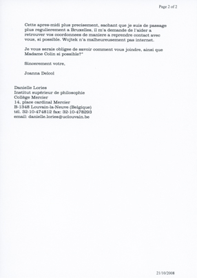 List Danielle Lories do Joanny Jankowiak-Delcol dotyczący danych kontaktowych do Jacquesa Taminiaux dla Wojciecha Fangora 