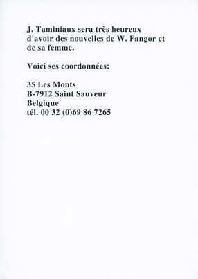 Fragment list Danielle Lories do Joanny Jankowiak-Delcol z danymi kontaktowymi do Jacquesa Taminiaux 