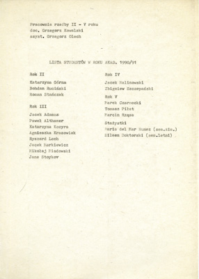 Lista studentów, rok akademicki 1990/91 
