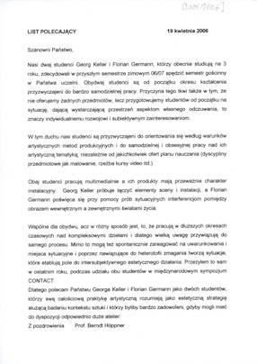 List polecający od profesora Berndta Hoppnera w sprawie studentów: Georga Kellera i Floriana Germanna 