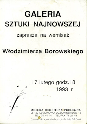 Invitation to the vernissage at Biblioteka Gallery, Legionowo 1993 
