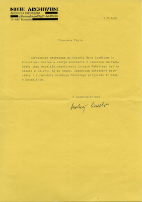 A letter from Andrzej Ciesielski, Moje Archiwum Gallery, Koszalin, 1995 