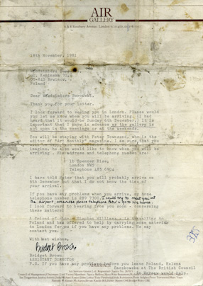 A letter from Air Gallery in London, 1981 