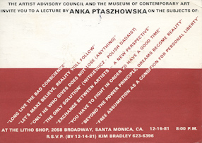 Zaproszenie na wykład Anki Ptaszkowskiej w Litho Shop w Santa Monica, 1981 