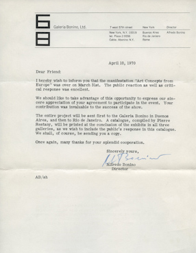 List od Alfredo Bonino, dyrektora Galerii Bonino w związku z udziałem w \