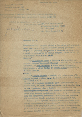 Letter from Anka Ptaszkowska to Marian Szpakowski concerning Złote Grono Symposium (1/2) 