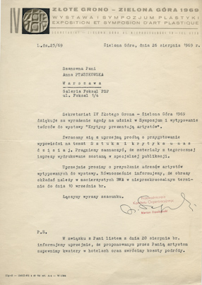 Letter to Anka Ptaszkowska from the Złote Grono Symposium Committee  