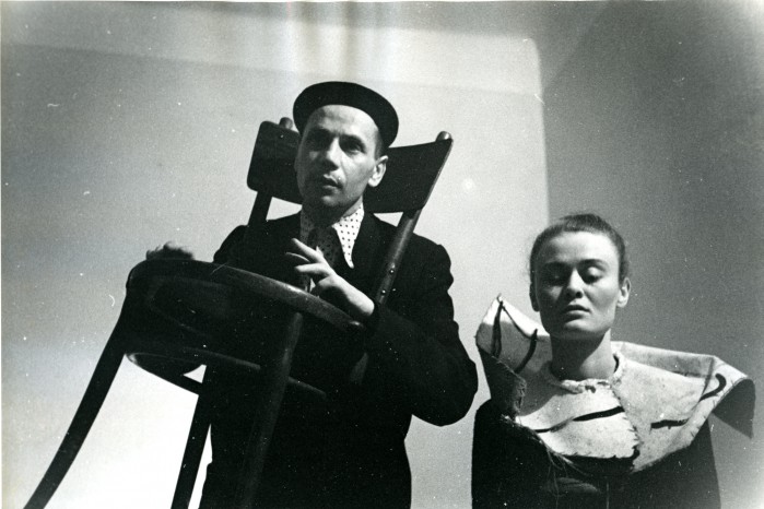 Marek Piasecki, Miron Białoszewski and Ludmiła Murawska in Songs for Chair and Voice, Osobny Theatre, 1958