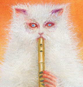 [Biały kot grający na flecie z ludzką twarzą i rękami z pomalowanymi na ciemnozielono paznokciami]