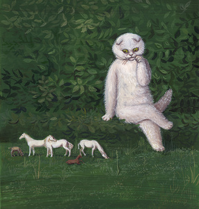 Na obrazie Aleksandry duży biały kot siedząc oblizuje sobie łapę. Patrzy na małe zwierzątka, które są zgromadzone na łące u jego stóp.