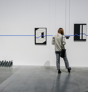Zdjęcie. Kolorowa. Kobieta obrócona tyłem do obiektywu ogląda prace na wystawie Anna Ptaszkowsa. Przypadkiem