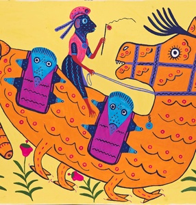 Obraz.Na żółtym tle pomarańczowe zwierzę z głową konia i ogonem bobra, z czterem,a nogami, ujeżdżane przez ciemnofioletową małpkę w różowym stroju i nakryciu głowy, z bacikiem w ręku. Pod nimi kępki kwiatów. 