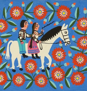 Obraz. Niebieskie tło na którym widzimy czerwone kwiaty. Na tym tle widzimy kobietę i mężczyznę w strojach ludowych, którzy jadą na białym koniu. 