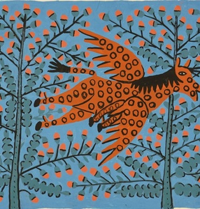 Obraz. Niebieskie tło, na nim latający, pomarańczowy koń ze skrzydłami. Koń ma czarną grzywę i okręgi na ciele. W tle pomarańczowe kwiaty. 