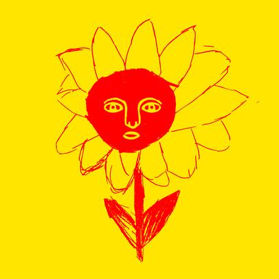 [żółta grafika z czerwonym słonecznikiem narysowanym jak na obrazku dziecka]