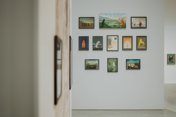 Zdjęcie. Seria obrazów Aleksandry Waliszewskiej na jednej ze ścian wystawy.