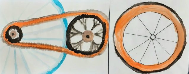 Ilustracja przedstawia mechanizm działania roweru: koła, pedały, łańcuch. Grafika w kolorach szarym, niebieskim i pomarańczowym.