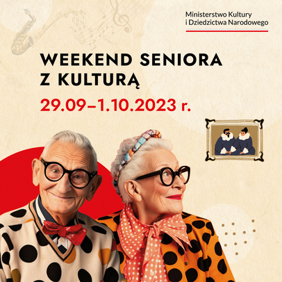 Grafika. Starszy mężczyzna i kobieta w nowoczesnych okularach. W tle napis Weekend seniora z kulturą. 29.09-1.10.2023
