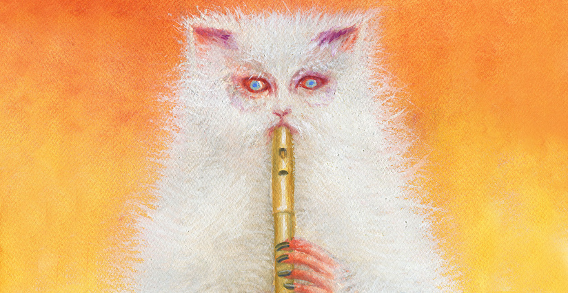 Biały kot grający na flecie z ludzką twarzą i rękami z pomalowanymi na ciemnozielono paznokciami