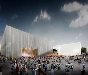 Rendering of the Museum of Modern Art and the TR Warszawa theatre’s project by Thomas Phifer and Partners. The theatre\'s portal open