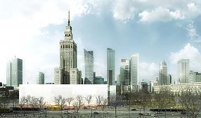 Rendering of the Museum of Modern Art and the TR Warszawa theatre’s project by Thomas Phifer and Partners. A view from Sienkiewicza str.