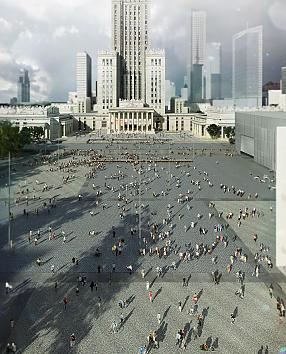Rendering of the Museum of Modern Art and the TR Warszawa theatre’s project by Thomas Phifer and Partners. View of the Defilad Square