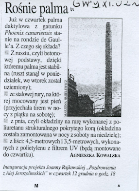 Agnieszka Kowalska, Rośnie palma, „Gazeta Wyborcza” 09.11.2002. 
