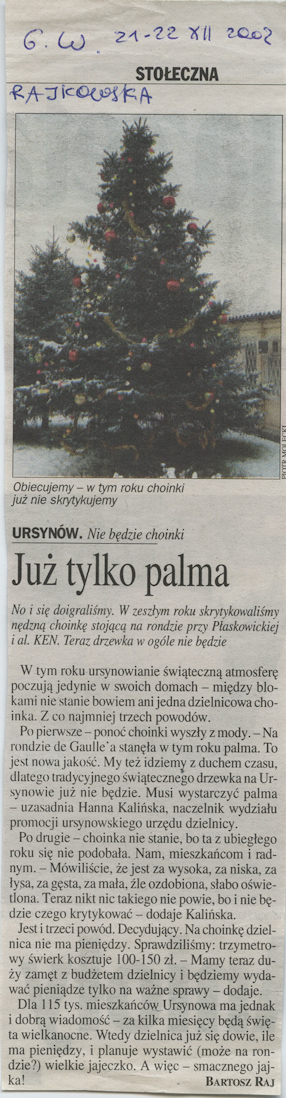 Bartosz Raj, Już tylko palma, „Gazeta Wyborcza“, 21-22.12.2002. 