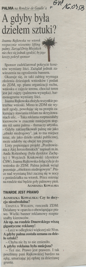 Agnieszka Kowalska, A gdyby była dziełem sztuki?, „Gazeta Wyborcza”, 16.04.2003. 