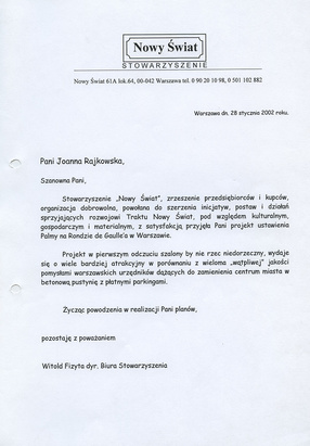 List do Joanny Rajkowskiej od Stowarzyszenia „Nowy Świat“. 