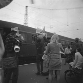 Happening at Cracow railway station, 1969 