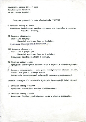 Program of the studio in the academic year 1987/88 