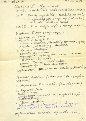 Information on tasks in the winter term of the academic year 1990/1991 