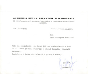 A letter from professor Adam Myjak to professor Grzegorz Kowalski regarding him being summoned to join Senacka Komisja Kadrowa 