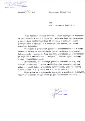 A letter to the Dean of the Sculpture Department ASP in Warsaw, professor Antoni Janusz Pastwa to professor Grzegorz Kowalski 
